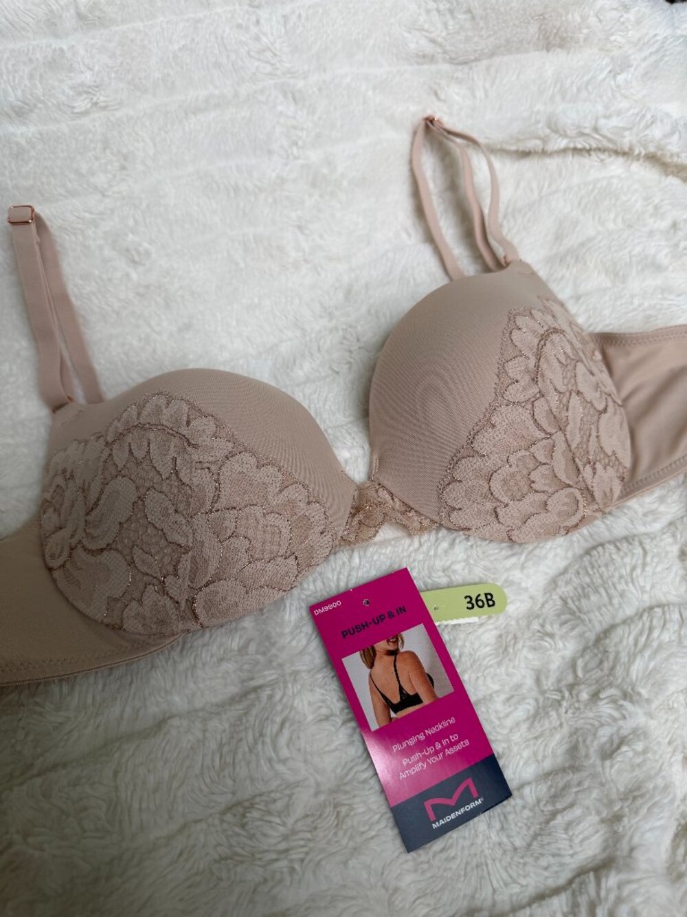 Maidenform 36B Push-Up & In Plunging Neckline Lace Bra Nude Beige DM9900